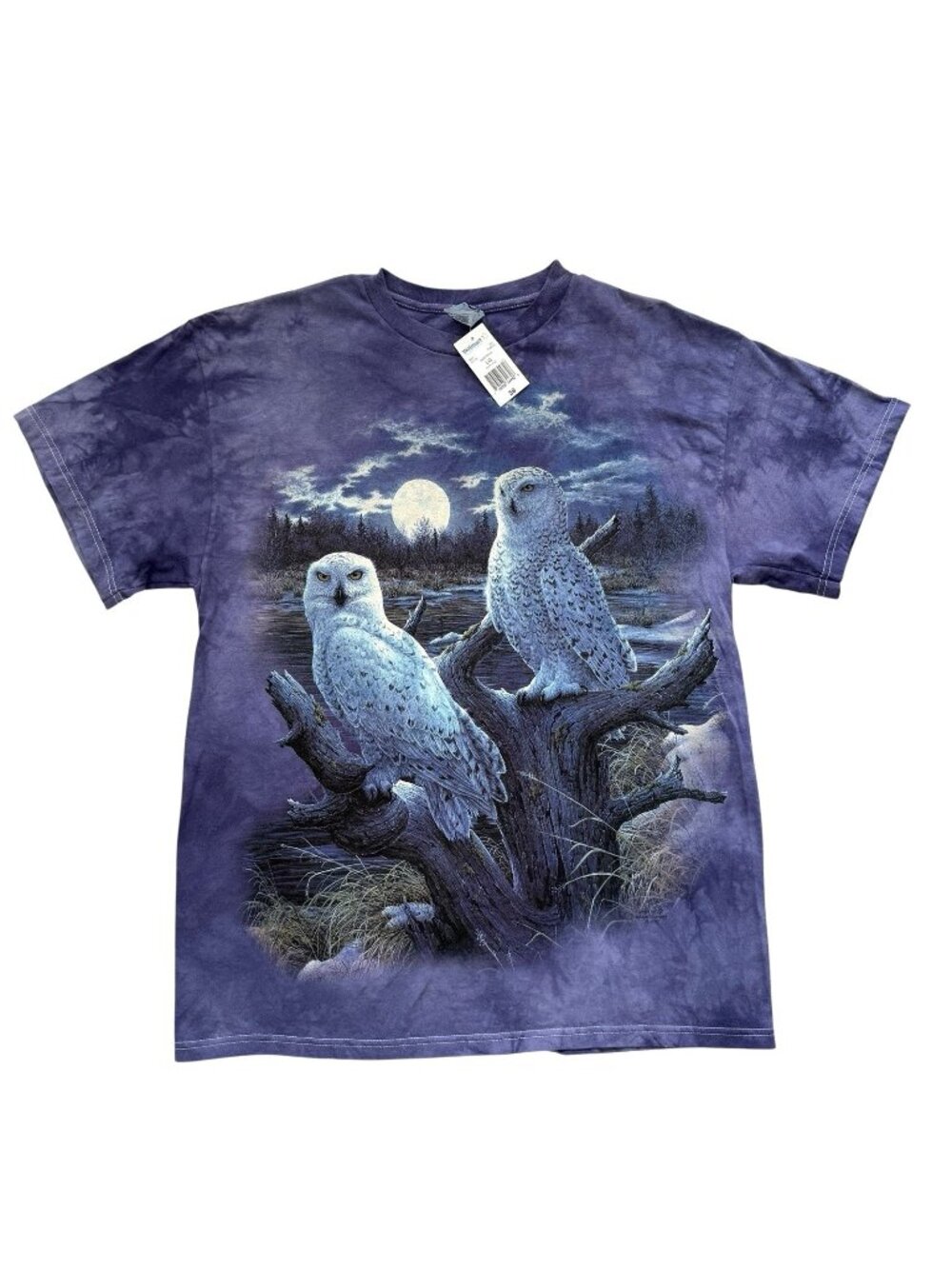 Jeff Tift Size Large Snow Owls Tie Dye Short Sleeve T-Shirt Blue Purple NEW